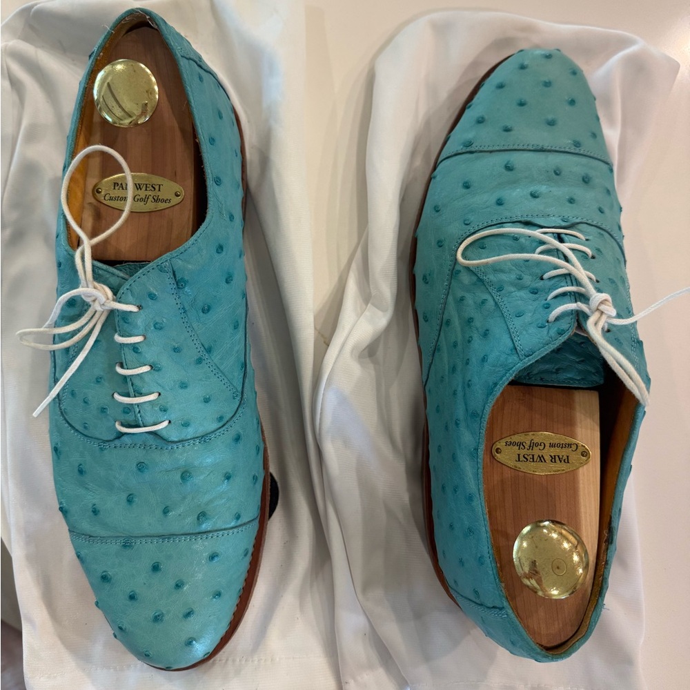 Custom Turquoise Full Quill Ostrich Men's Golf Shoes